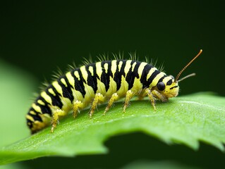 Fototapeta premium Yellow and black striped caterpillar on a green leaf