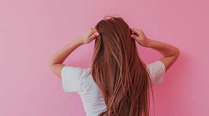 Fototapeta premium Elegant Long Brown Hair Captured from the Back Against a Soft Pink Background