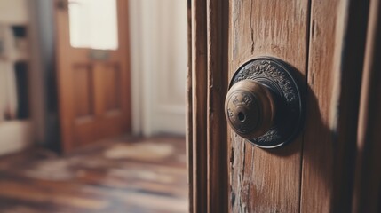 Obraz premium Vintage Door Handle on Rustic Wooden Door