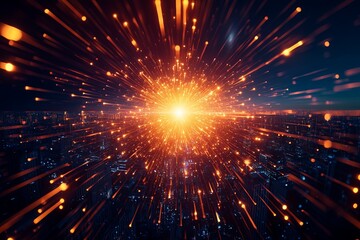 Fototapeta premium Vibrant light explosion in a dark cityscape background.