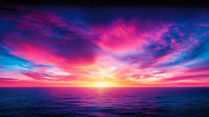 Obraz premium Vibrant sunset over ocean with colorful clouds and horizon.