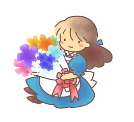 花束を持つ女の子の水彩イラスト