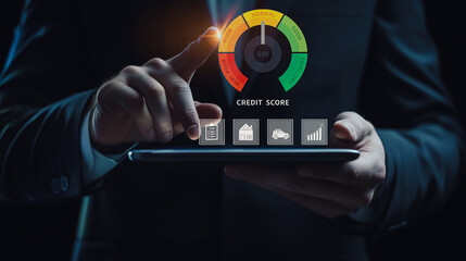 Credit Score Monitoring Concept: A businessman uses a tablet to monitor a credit score gauge, highlighting the importance of managing financial ratings for informed decisions.