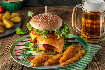 hamburger , rustic fries and beer