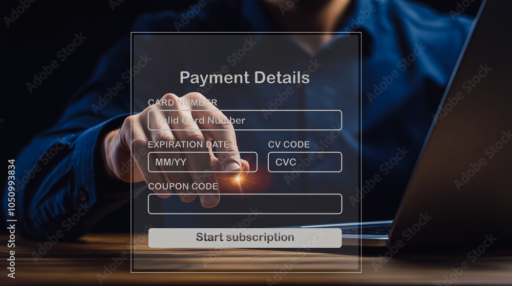 Poster online payment security concept: a professional inputs payment details on a laptop, engaging with a 