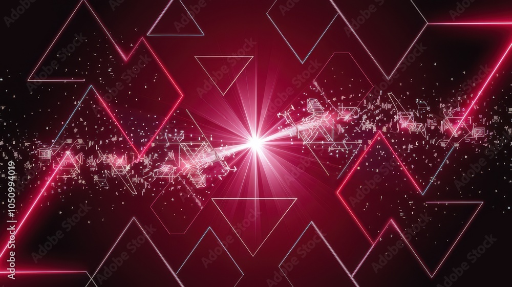 Poster abstract geometric design with glowing lines and sparkles on a dark background.