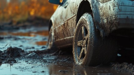 car tire stuck in the mud