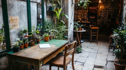 Naklejka premium Cozy Cafe Interior with Plants and Natural Light