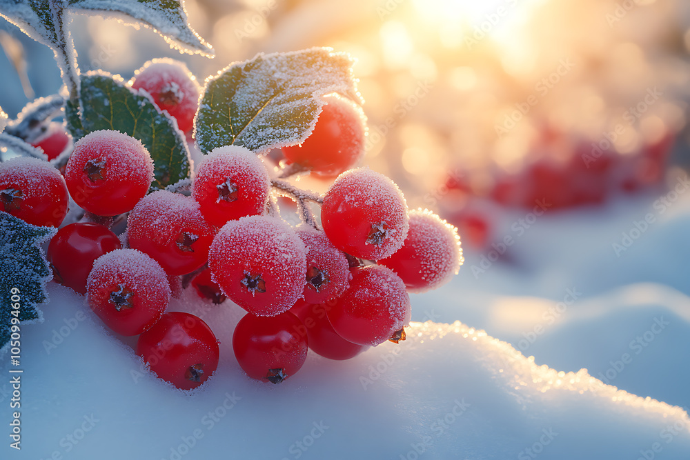 Wall mural Bright red winter berries dusted with frost on snow-covered bushes, set against a cold winter backdrop with soft sunlight filtering through.
