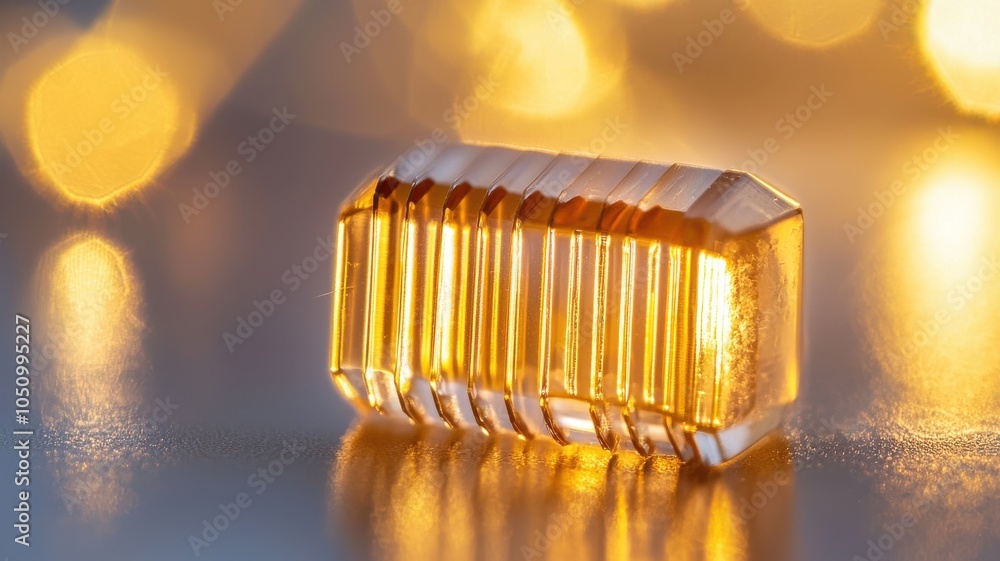 Poster amber crystal block on reflective surface with warm bokeh background.