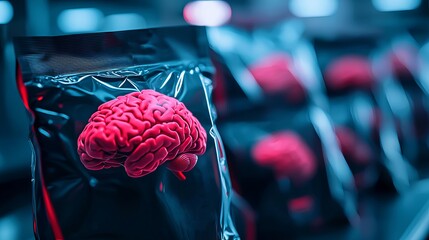 Vivid red brain in packaging, isolated white background.