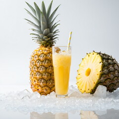 Refreshing Glass of Pineapple Juice with Halved Pineapple on Crushed Ice – High-Definition Minimalist Food Photography with Condensation Droplets for a Thirst-Quenching Visual Effect
