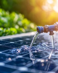 Water flowing from a faucet on solar panels at sunset.