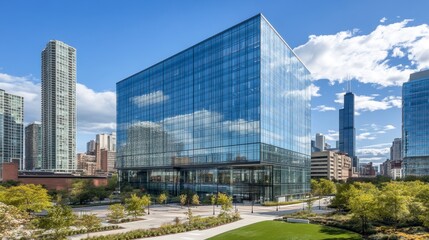 Obraz premium Modern Glass Building Surrounded by Urban Landscape