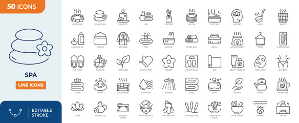 Set of 50 outline icons related to spa. Outline Icon Collection. Vector illustration. Editable stroke	