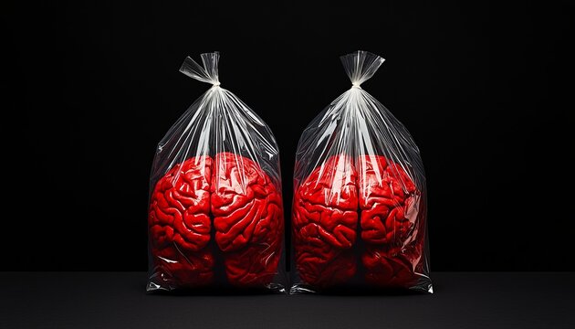 Red brain models in plastic bags on a black background.