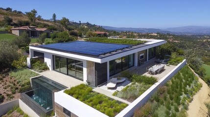 Modern Sustainable Home with Solar Panels and Green Roof