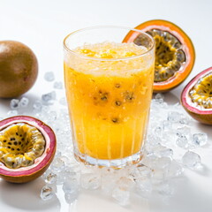 Fototapeta premium Icy Passion Fruit Juice with Condensation Droplets and Crushed Ice, Surrounded by Half-Cut Passion Fruit – Thirst-Quenching, Bright White Background Image