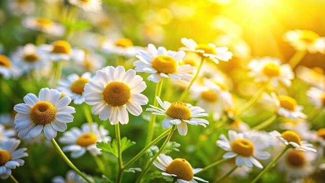 Vibrant feverfew daisy plants in sunlight