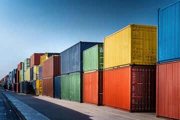 Fototapeta premium Pile of different colours of containers in line in the harbour 