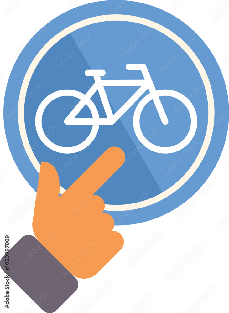 Poster hand with index finger extended is pointing at a blue circular icon featuring a white bicycle symbol