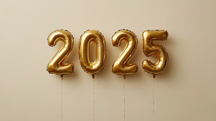4 gold foil balloons in the shape of the number "2025", each with a string attached, arranged in a row on a plain background , ai