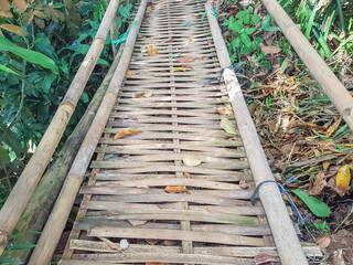 The bamboo bridge in the forest. A bridge is a structure that connects one place to another