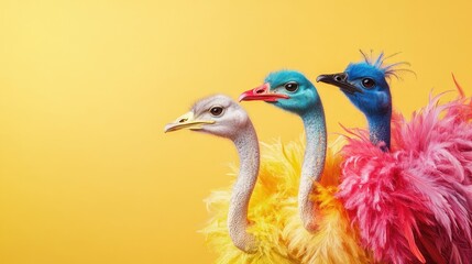 Multicolored bright birds plumage ostrich