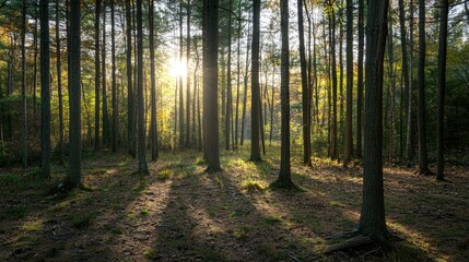 Fototapeta premium Sunlight shines through the trees in a forest surrounded by natural scenery.