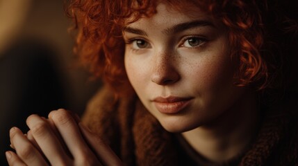 Fototapeta premium A woman with curly red hair offers support in a warm-toned support meeting with gentle expressions in soft natural lighting