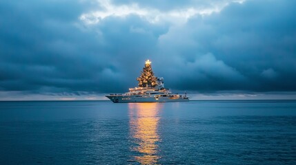 Obraz premium Christmas party aboard a luxurious yacht decorated with a Christmas tree on deck