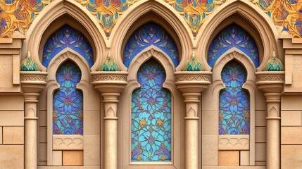 Fototapeta premium Ornamental colorful patterned stone relief in arabic architectural style of islamic mosque