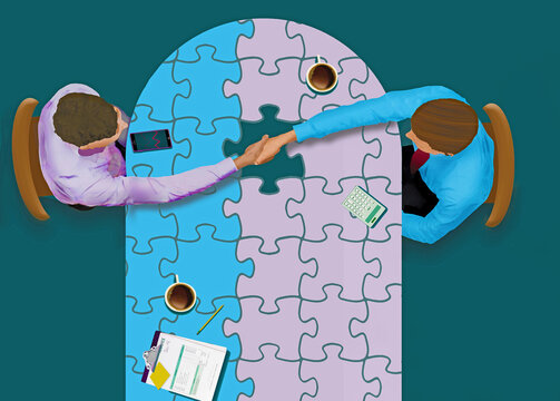A handshake is the final piece of the puzzle during a meeting to establish a merger or aquisition of businesses. This is a 3-d illustration about business mergers.
