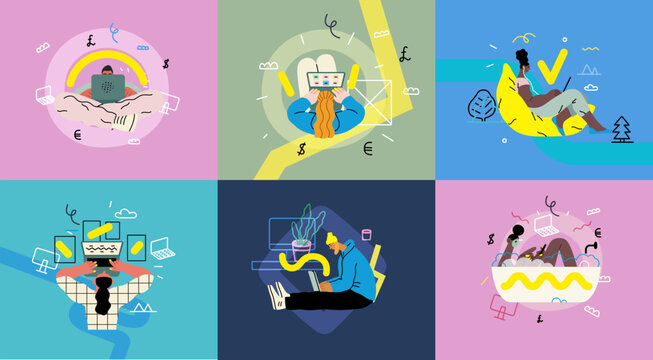 Creative workspace, modern flat vector concept illustration of a person working with a computer Remote work, flexibility, independence, efficiency, mobility, synergy, freedom