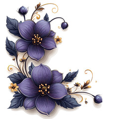 Intricately designed purple flowers with golden accents and delicate leaves in artistic arrangement on a clean background