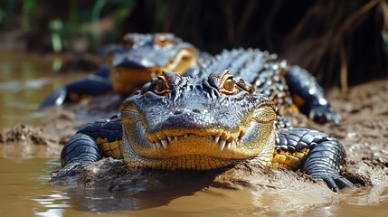Fototapeta premium A close-up of a crocodile resting by the water's edge.