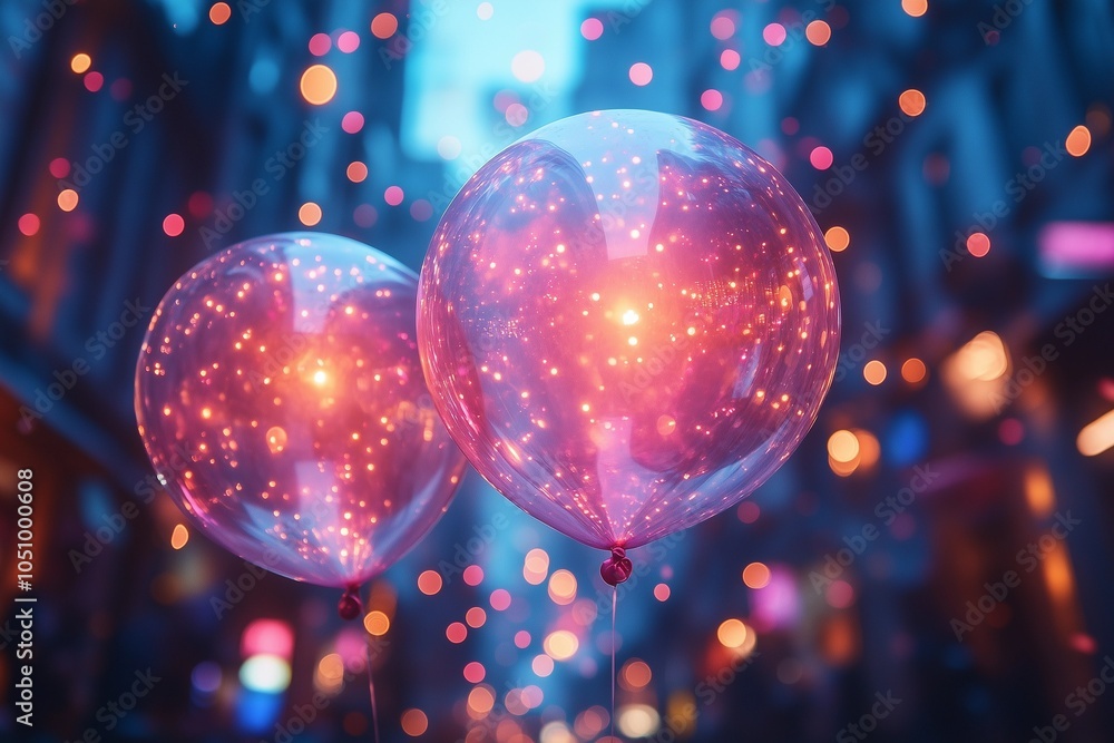 Wall mural a pair of sparkly pink and gold balloons floating over a narrow city street at dusk