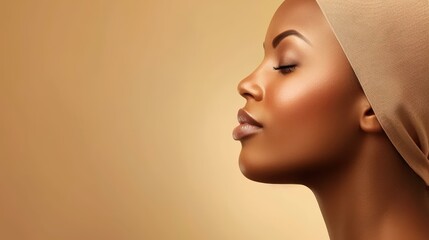 Captivating portrait of a black woman showcasing flawless skin and serene closed eyes, radiating beauty and calmness.