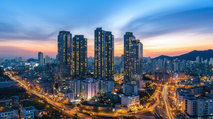 Fototapeta premium Urban Skyline at Dusk with City Lights and Mountains