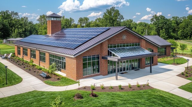 Modern building with solar panels, green landscape, and clear blue sky.