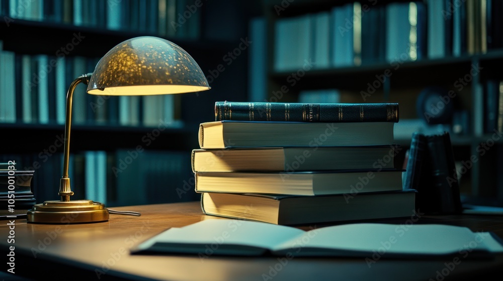 Poster a brass desk lamp illuminates a stack of books and an open notebook on a wooden desk