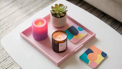 Colorful Dopamine Decor Tray with Candles and Succulent for Cozy Living Room