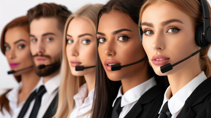 Fototapeta premium A diverse team of call center agents wearing headsets, collaborating efficiently in a dynamic work environment.