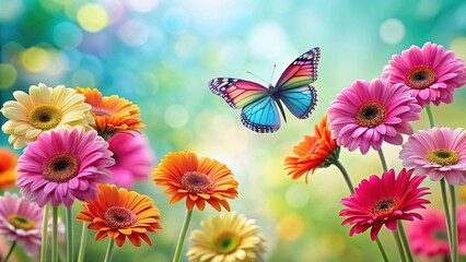 Vibrant gerbera daisies and butterfly against leading lines