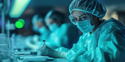 Healthcare medical scientist laboratory scene of a researcher in PPE working with test tubes, ideal for medical research and lab safety visuals, healthcare medical scientist laboratory commercial