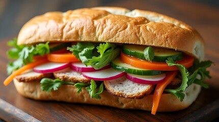 Vietnamese B&aacute;nh M&igrave; with Pickled Vegetables and Fresh Cilantro in a Classic Style