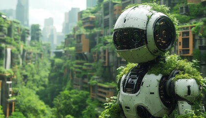 Futuristic ecorobot surrounded by lush green buildings, blending nature with advanced technology