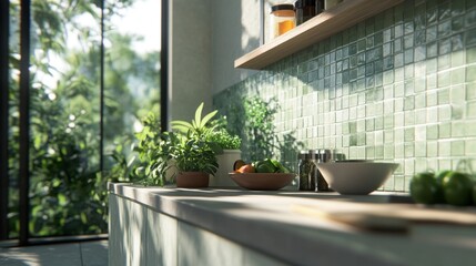 Fototapeta premium Fresh Kitchen with Green Tiles and Natural Light