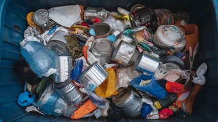 Mixed Inorganic Waste with Plastic and Metal Cans in Recycling Bin

