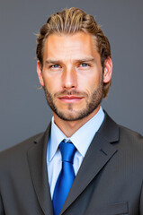 Portrait of confident businessman wearing suit and tie on gray background